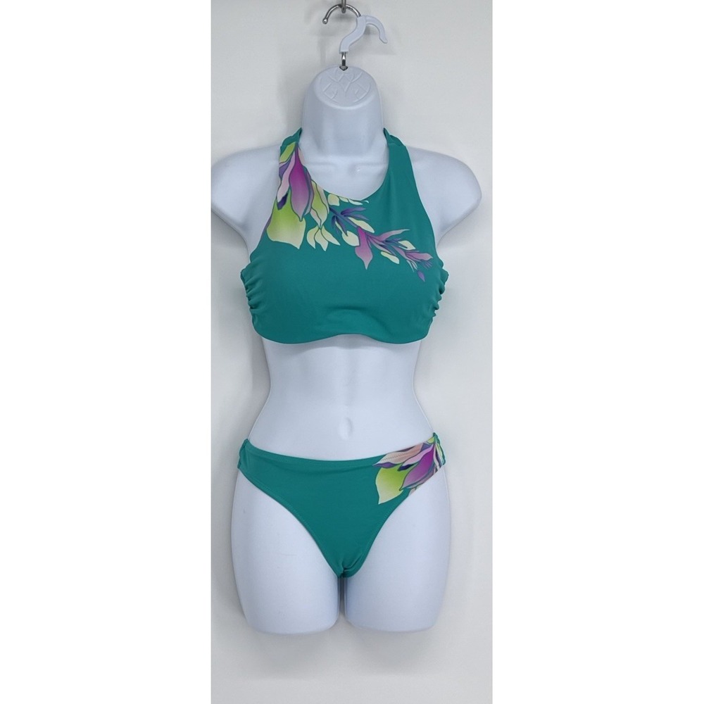 Athleta Bikini Set Womens Small 34B/C Green Floral High Neck Swim Two Piece